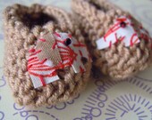 Fabulous baby shower decorations: little hand knitted light brown mini booties with hand sewn elephant appliques - 2 inches - sample