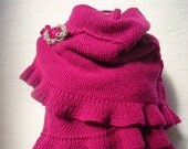 Cyclamen Extra Large Ruffled, Frilled Shawl, Wool Warm, Bridesmaid Gift with Crochet Flower