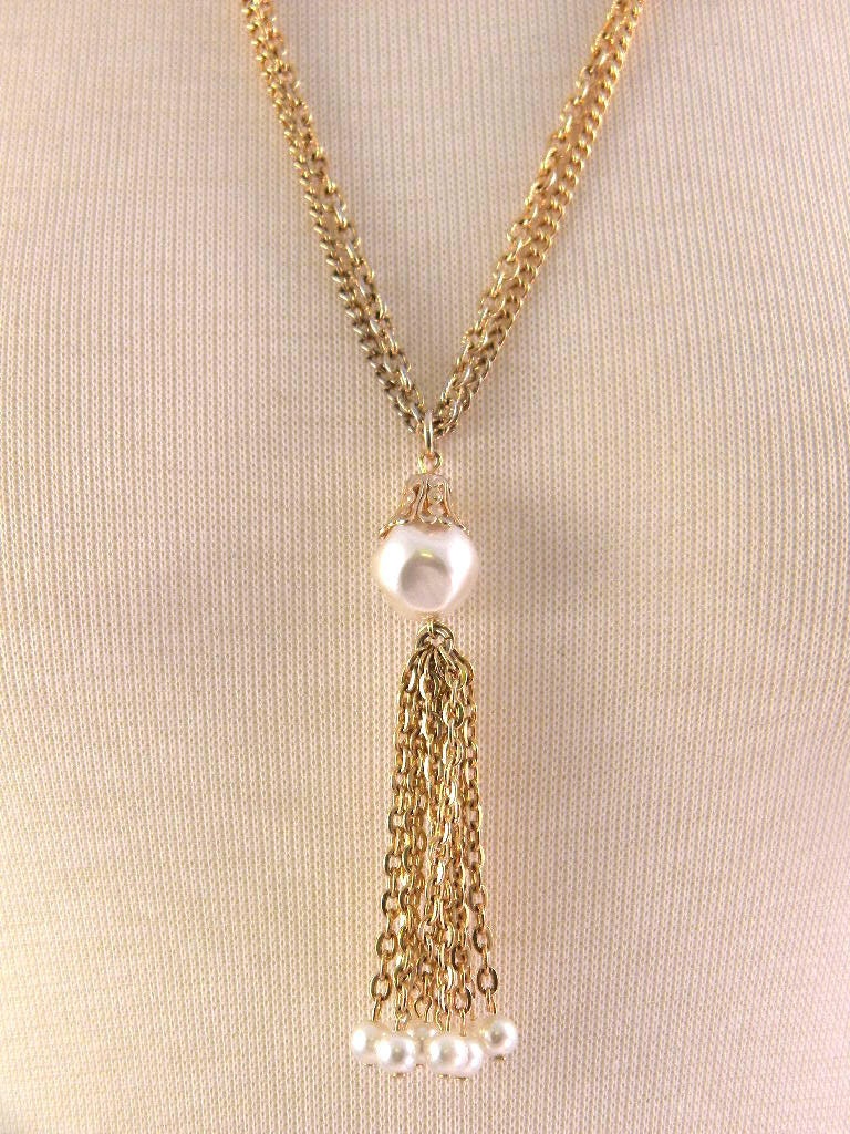 Vintage Multi Gold Tone Chain Necklace with Faux Pearls and Tassel
