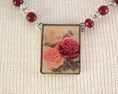 Vintage Sweet Feminine Floral Rose Necklace Ruby Colored Glass Beads