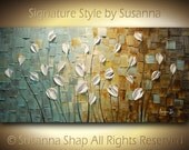 ORIGINAL Large Impasto Landscape Abstract White Tulips Oil Painting Modern Palette Knife Art by Susanna 48x24