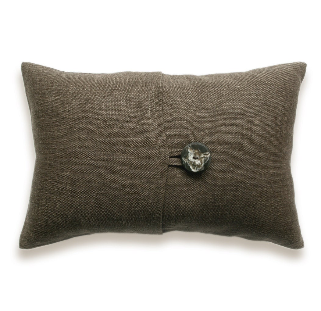 Textured Brown Linen Lumbar Pillow Cover 12x18 inch Faux Horn Button DREA DESIGN