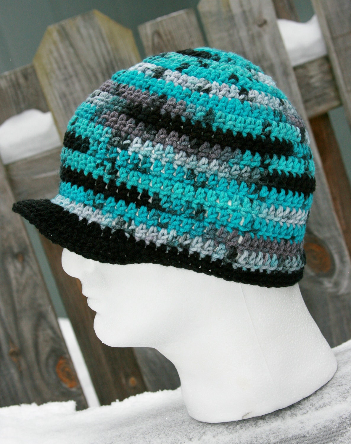 Men's hat Newsboy beanie for men or women Shades of Teal Blue, black and gray camo crochet masculine or mans