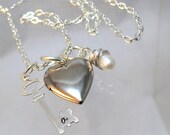 Sterling Silver Key with Locket and Sweet Pearl - Small Initial - Mongrammed Stelring silver Key - Heart Locket - Valentines Necklace