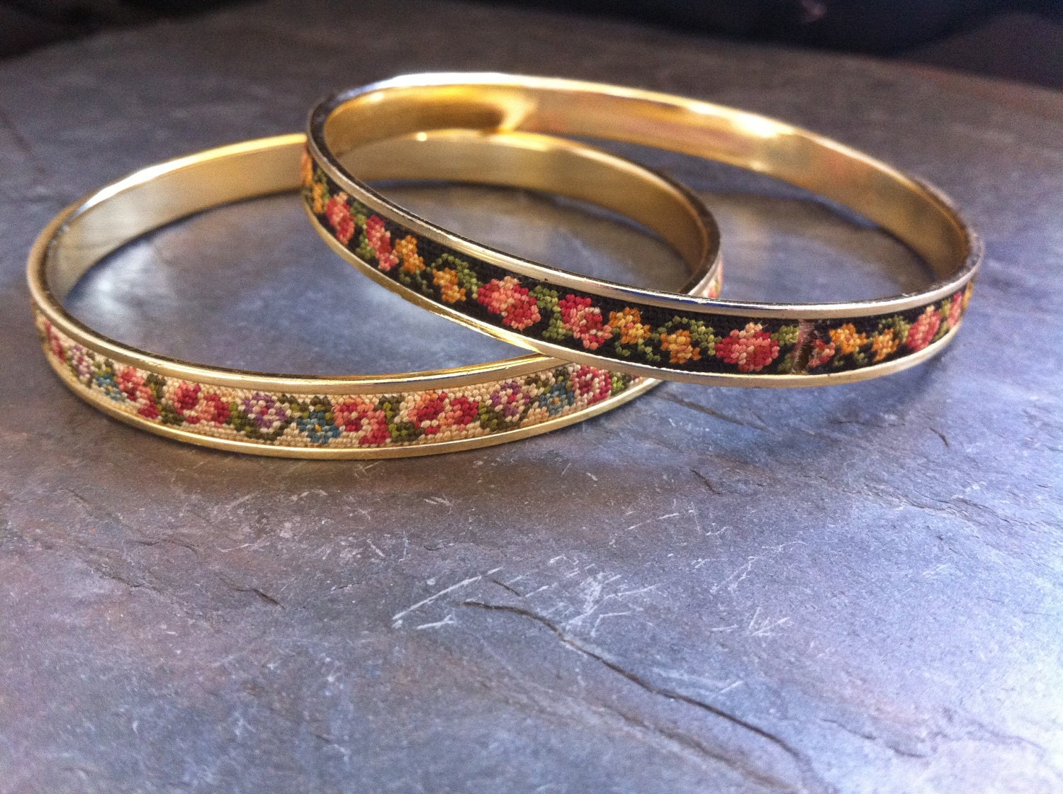 Beautiful Vintage Floral Needle Point Rose Bangle Bracelets Gold Brass 1950s French