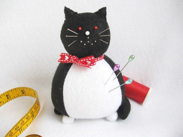 Black and White Cat Pincushion Luke Valentine Bow...MADE-TO-ORDER...
