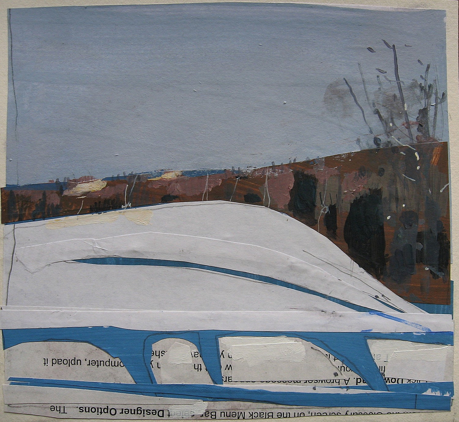 January Field, Snow Shadows, Original Landscape Collage Painting on Paper, Canada