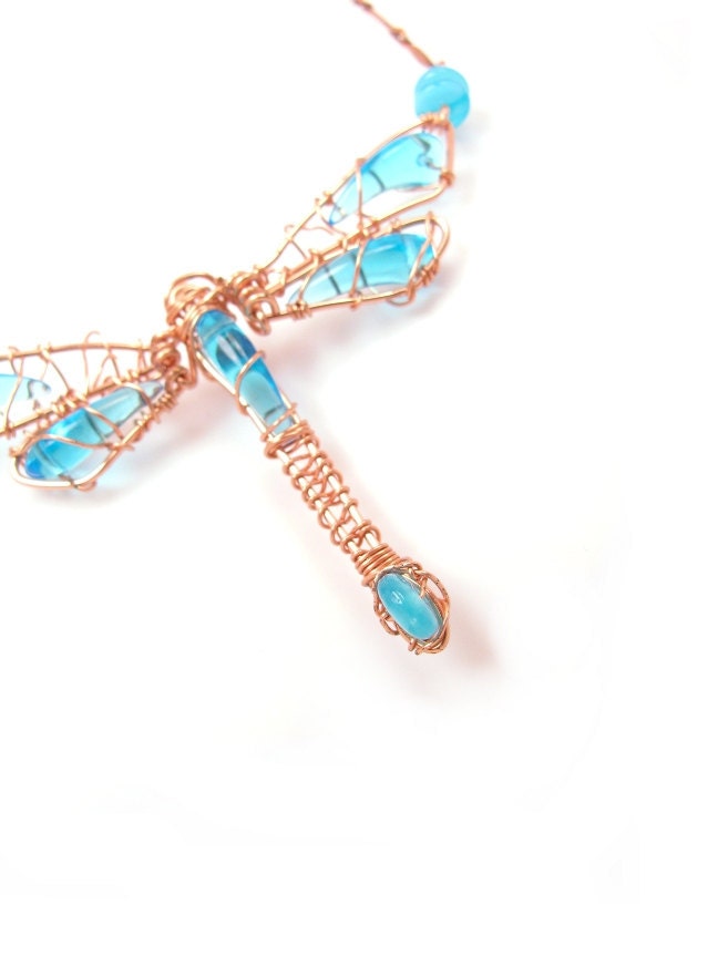 Copper Wire Wrapped Dragonfly Necklace with Blue Beads - Fly Away by Amber - byamber Copper Wire Wrapped Dragonfly Necklace with Blue Beads - Fly Away by Amber - byamber