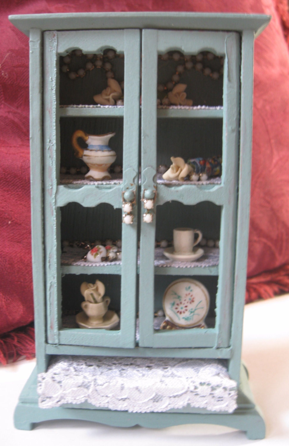 Miniature Cupboard Filled With China Pearls & more