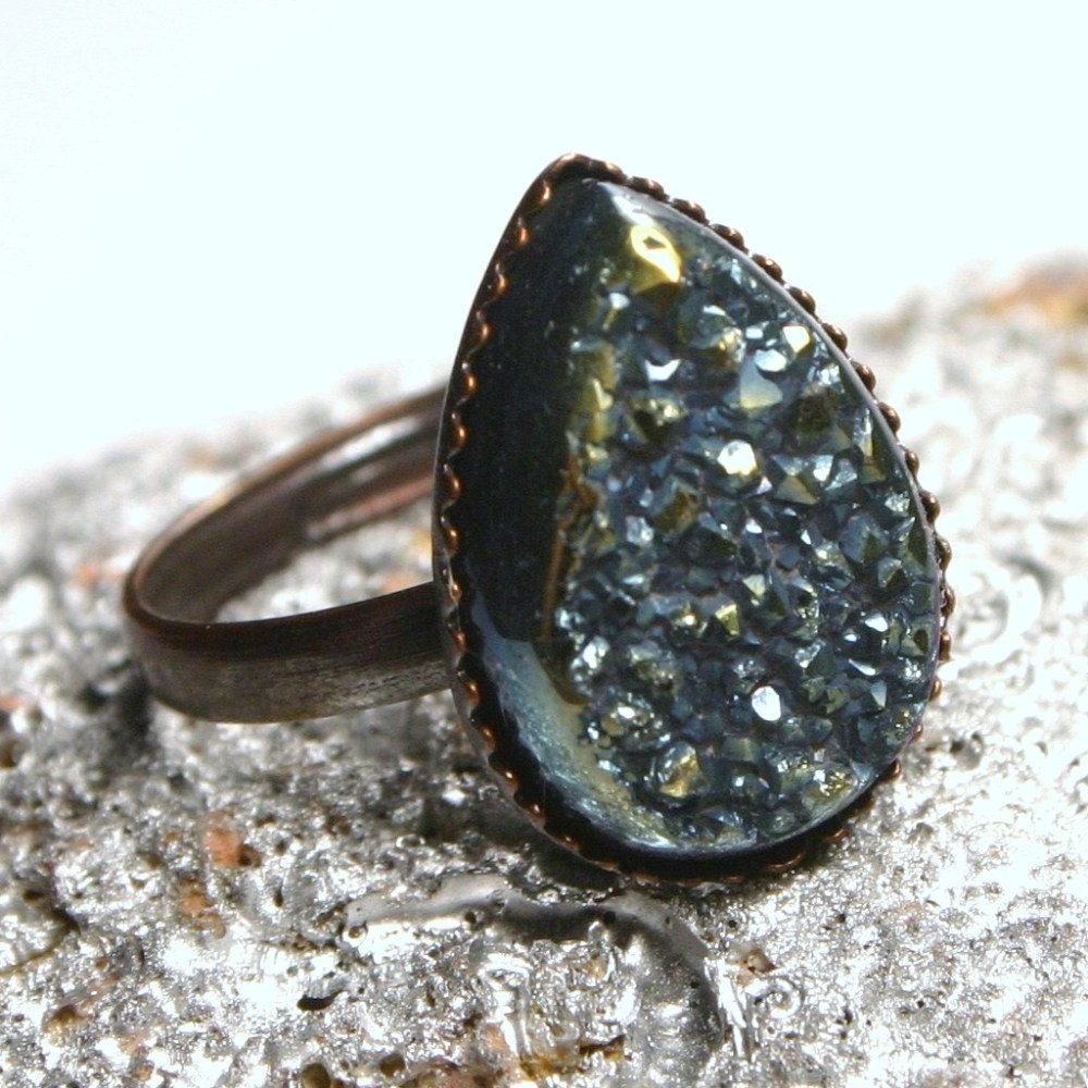 Aries ... Sparkling Silver Rainbow Titanium Drusy Quartz on Antiqued Copper ... Adjustable Druzy Ring