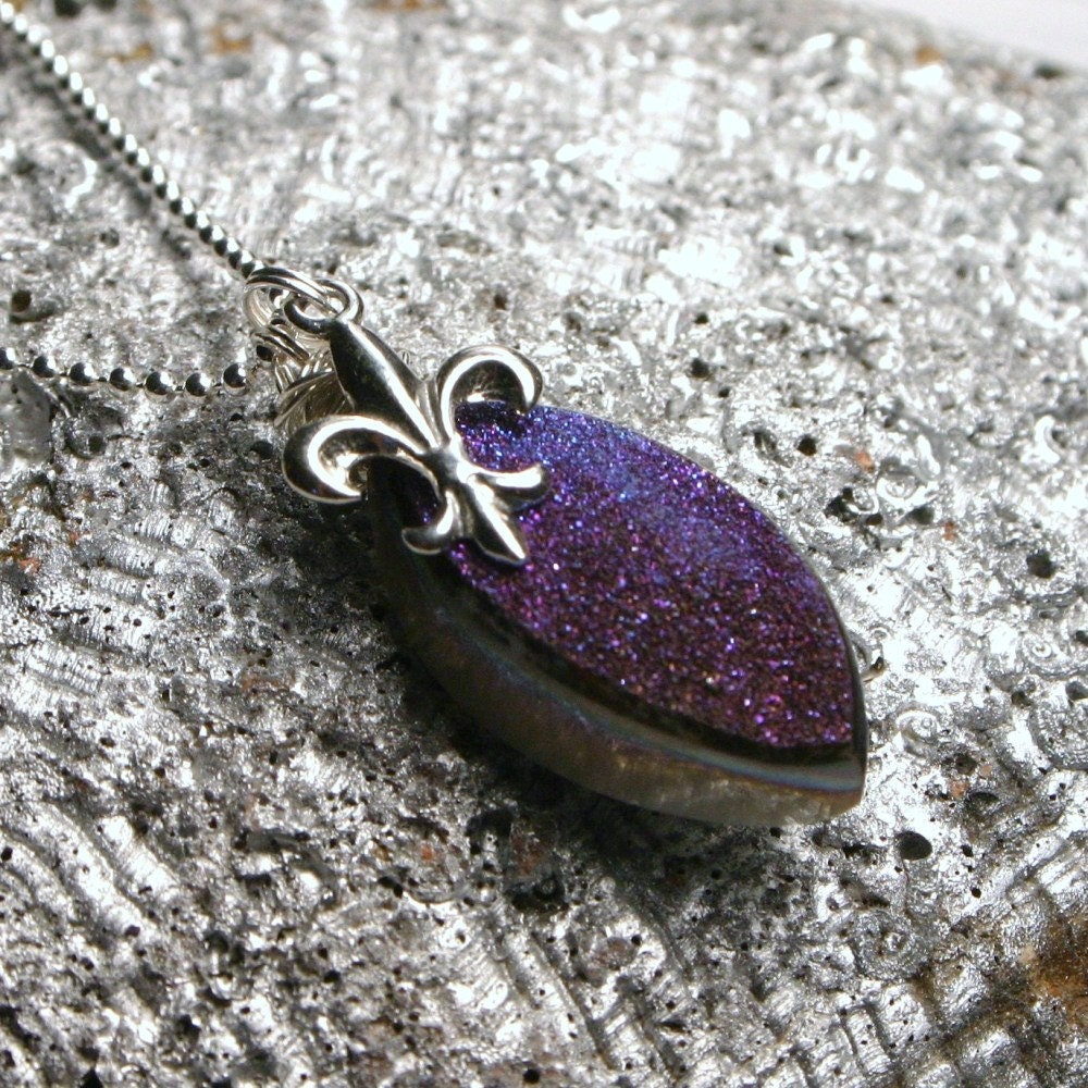The Fleur ... Indigo Purple Blue Drusy Quartz with Sterling Silver Fleur de Lis ... Handmade New Orleans Necklace ... Mardi Gras Saints