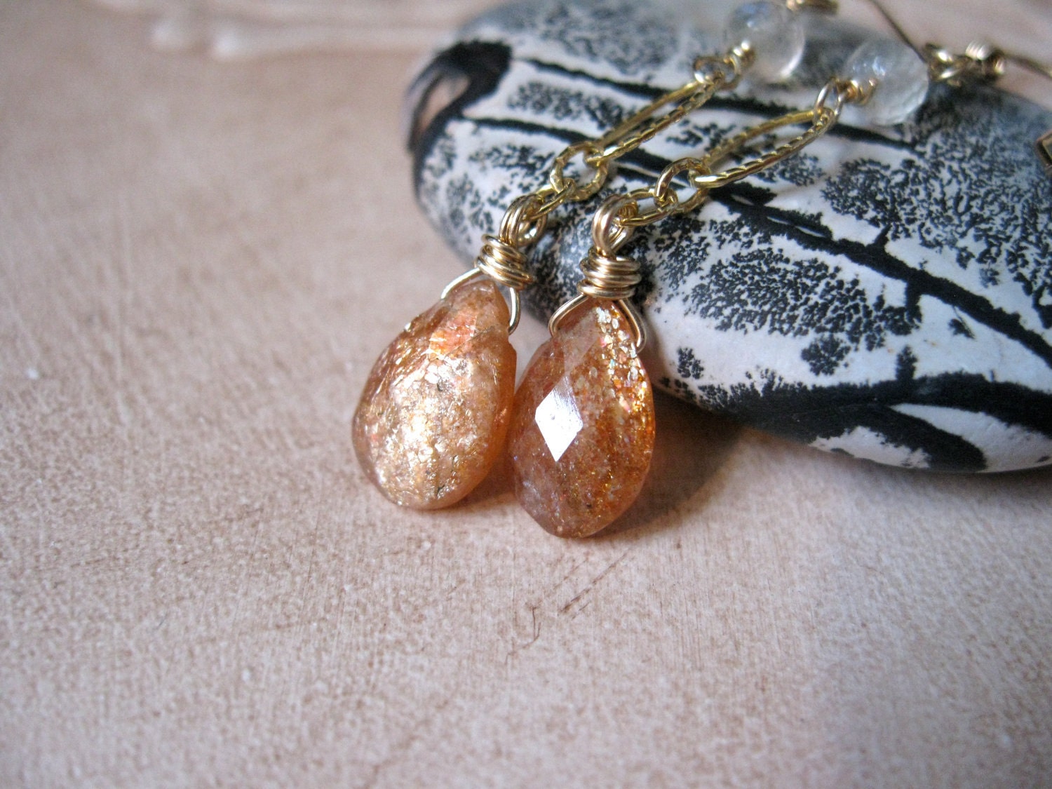 Sunstone & Moonstone, Gold Earrings