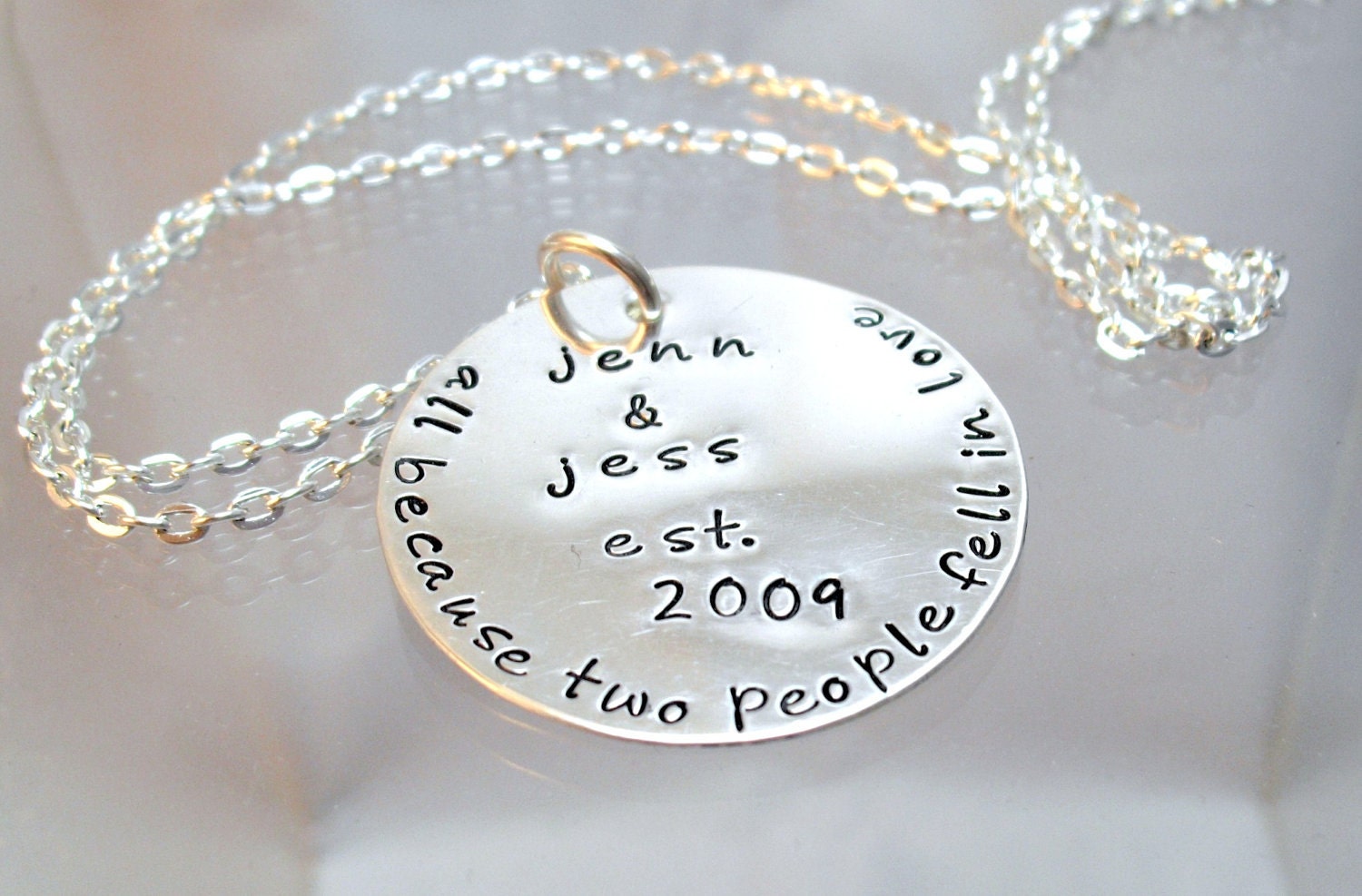 All because to people fell in love Monogramed Sterling Silver Round Disc Hand Stamped Personalized Necklace