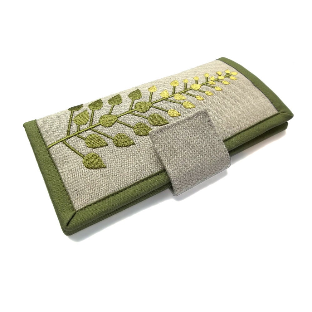 Womens Long Wallet / Handmade Clutch wallet / Sage Branches Embroidery