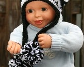 Baby Girl hat earflap pom crocheted in black and white button flower accent  0-3 months newborn