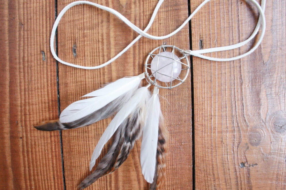 rose quartz // feather dreamcatcher necklace