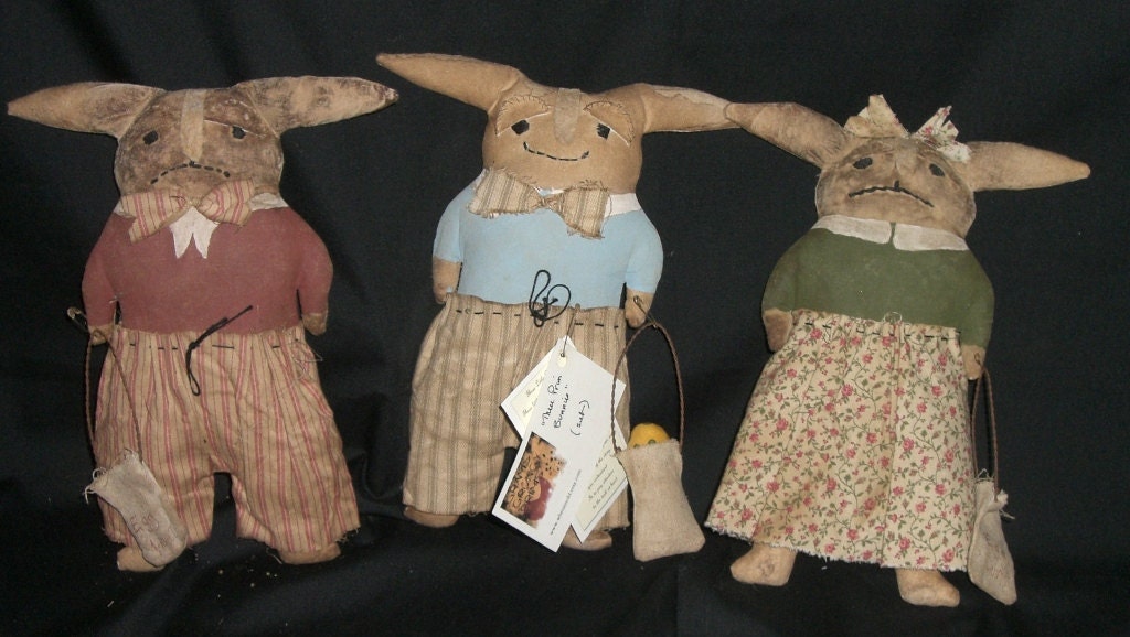 Handmade Primitive Folk Art  Doll - Bunny Rabbits