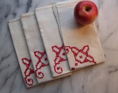 Six Cross Stitched Linen Napkins circa 50s