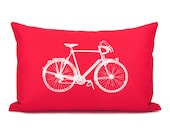 Red and white decorative pillow case - White vintage bike print on red cotton fabric - 12x18 lumbar pillow cover