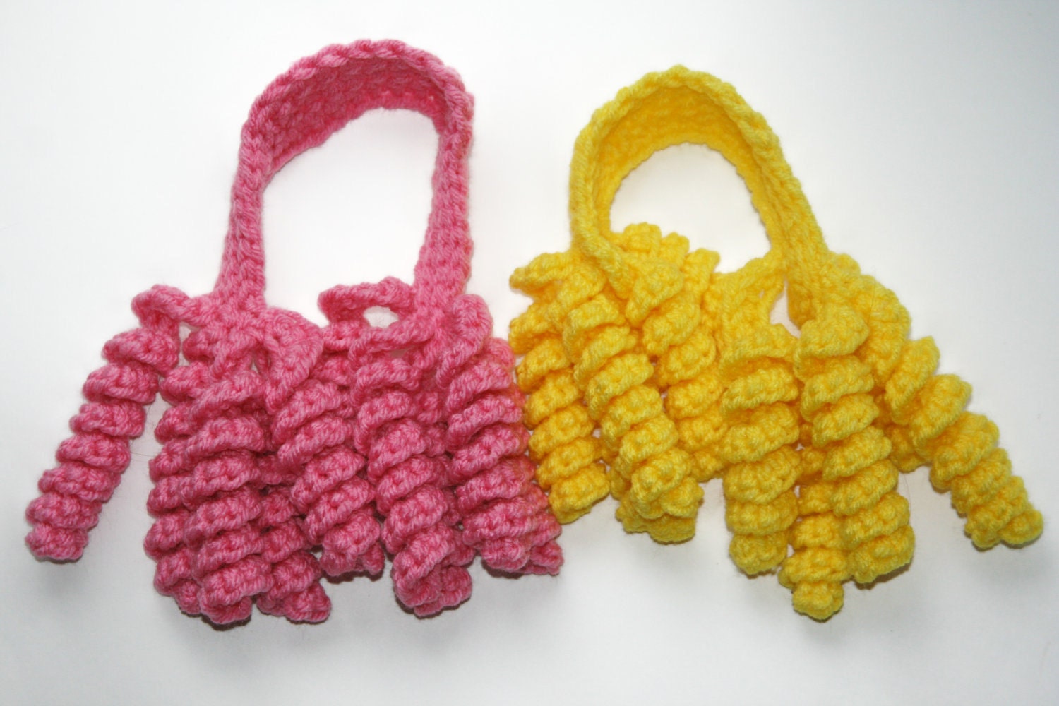 Hair ties set of two crochet curley que, corkers, spiral, pink, yellow or custom colors available