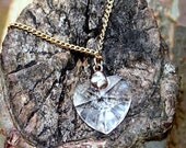 Vintage Necklace Crystal Heart Pendant  Double Gold Tone Chain
