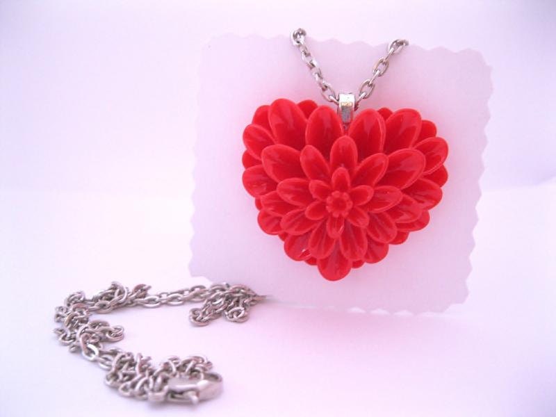 SALE-- Valentines Day Red Heart Flower Necklace