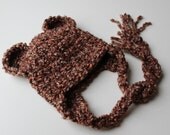 SALE - Crochet Soft Chunky Textured Brown Bear Baby Ear flap  Hat for Boy or Girl Photo Prop - size Newborn / 0 - 3 mo  - Made To Order