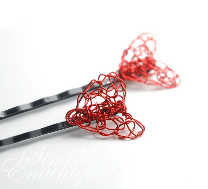 NEW DESIGN Crocheted Red Wire Heart Bobby Pins