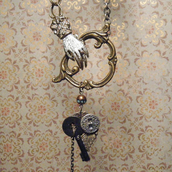 HANDHELD: HEART - Steampunk Victorian Hand Vintage Hardware Handle Button Necklace - Assemblage - Valentine - Silver Blue Tones