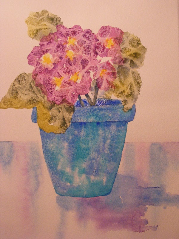 A Pretty Pot of Primrose-Original Watercolor of Purple Flowers