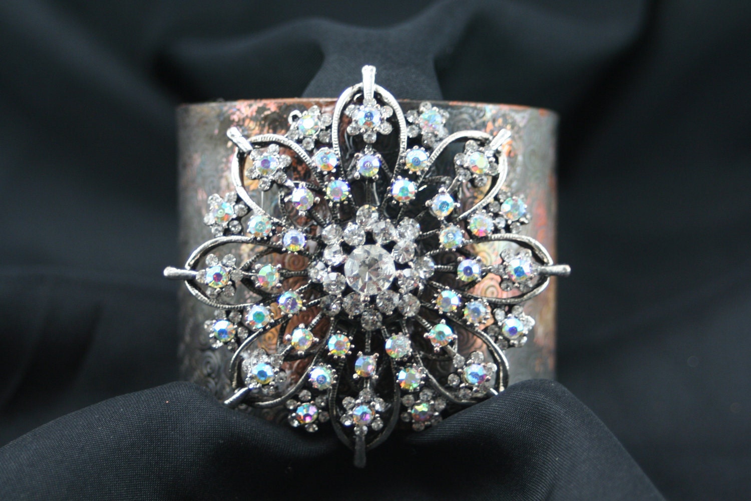 Burnished Cuff With Crystal Flower