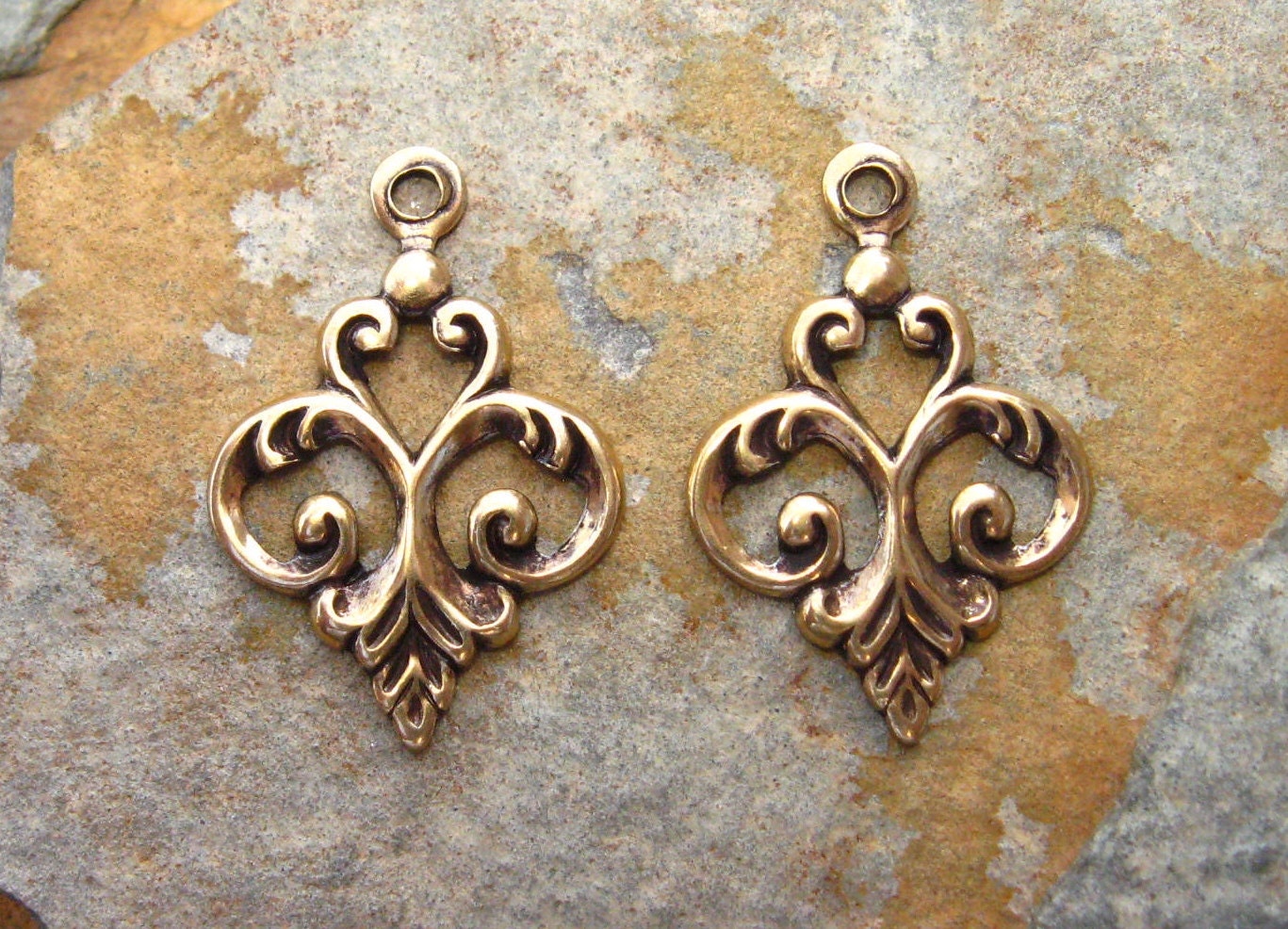 4 Fancy Fleur Drop 5mm x 20mm Antique Gold Patina Trinity Brass Co.  -  LOW SHIPPING
