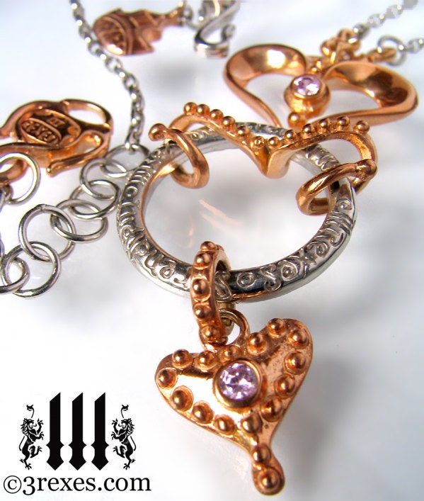 Rose Gold Heart Necklace, Pink Stone, Alice In Wonderland, Gothic Custom Jewelry, Serendipity