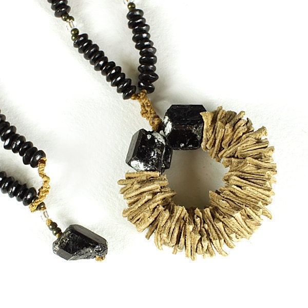 Shaman Circle Pendant with leather, wood, Black Tourmaline - protective talisman