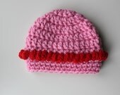 SALE  Crochet  Valentine Chunky Soft Beanie Hat for Photo Prop / Pink , Red , Pom pom - NEWBORN - Ready To Ship