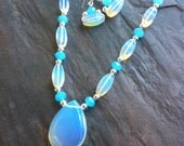 Amazing Glowing Opalite and Aqua Crystal Necklace Silver Teardrop Pendant Necklace and Earring Set, That Inner Glow