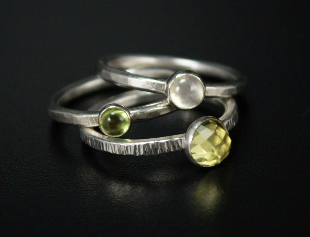 Gemstone Stacking Rings Set - Silver with Peridot, Moonstone and Green-Gold Quartz -  FREE shipping