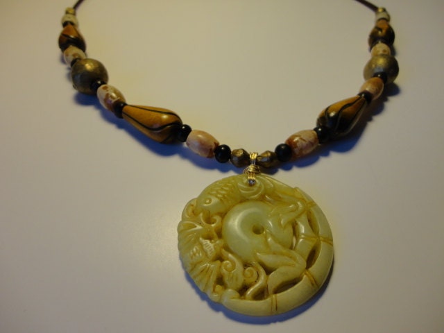 Chinese Pendant-Fish Necklace -Pendant Necklace-Yellow  jade stone