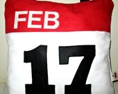 Unique Designer 14x14" White, Red and Black Faux Suede  Pillow Cover with Insert iCal Icon  Applique You Can Order Any Date