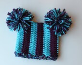Sale - Crocheted Chunky Soft Beanie Pom Pom Hat for Photo Prop / Dark Purple, Turquoise   - size Newborn / 0 - 3 mo - Ready To Ship