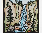 Waterfall, linocut with watercolor - BlueSkyArtwork