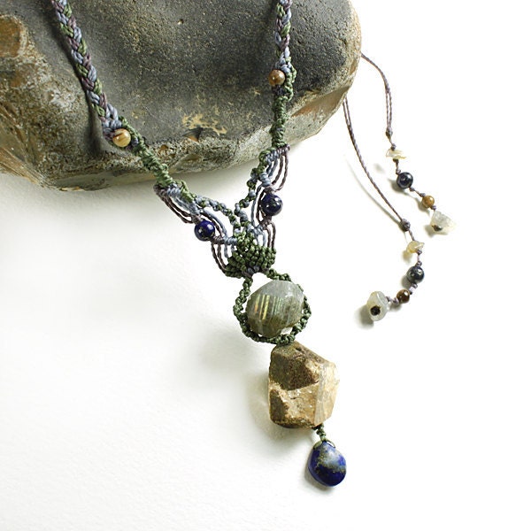 Macrame Jewelry, Pendant with Labradorite, Quartz and Lapis Lazuli crystal energy, in muted tones of blue, green and purple