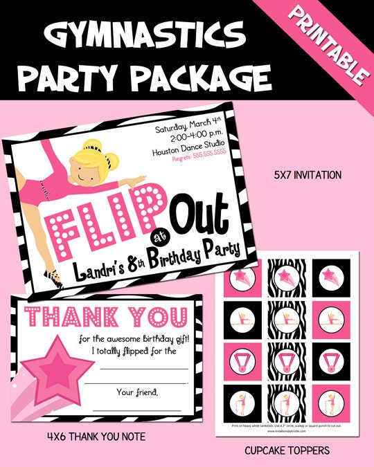 Gymnastics Birthday Party Invitation- Printable Package with cupcake toppers thank you