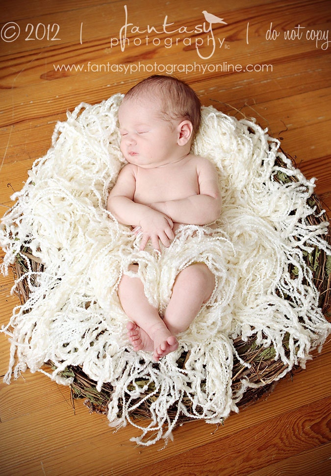 Ready to Ship - Yarn Fringe Blanket Baby Newborn Photography Prop Crochet - Creme Brulee Ivory