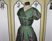 Vintage 1950's Dress in Olive Green with Pink Roses by International Originals New York. Small to Medium. Complimentary US PriorityShipping.
