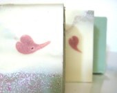 Valentine Soap Day dream - pink heart on ivory cream off white and atop pastel green - LTD production cold process soap