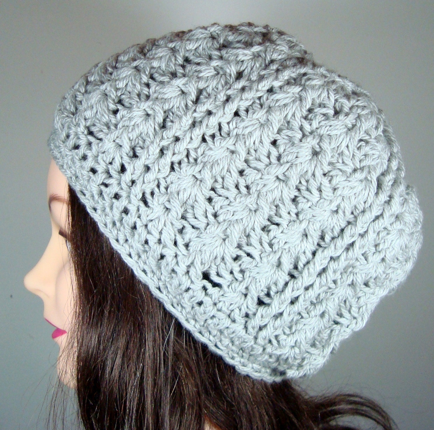 Cabled Tam Hat in Light Silver Gray, Chunky Knit Hat