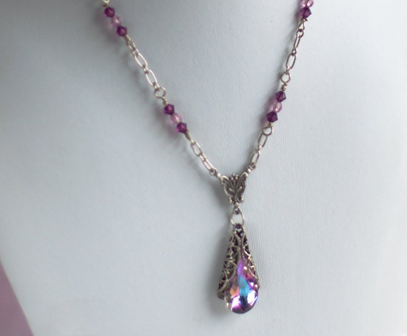 Swarovski Purple Crystal Necklace,Teardrop Pendant,Vitrail Light & Amethyst Sterling Silver Bridesmaids,Bridal Jewelry
