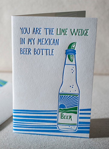 Mexican Beer Bottle Letterpress Greeting Card - Bamboo paper, patterned envelope. C4K3T