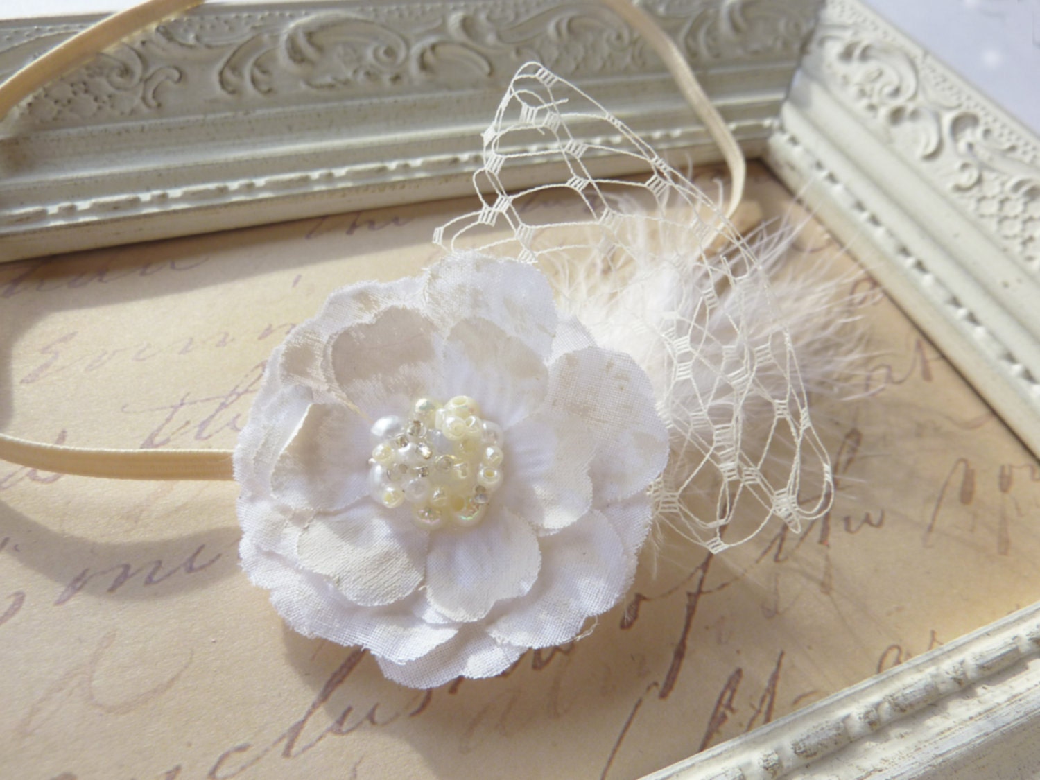 Vintage Glamour Babe Off White Bloom with Tulle, Feather and Pearls Accent Infants, Babies or Adults
